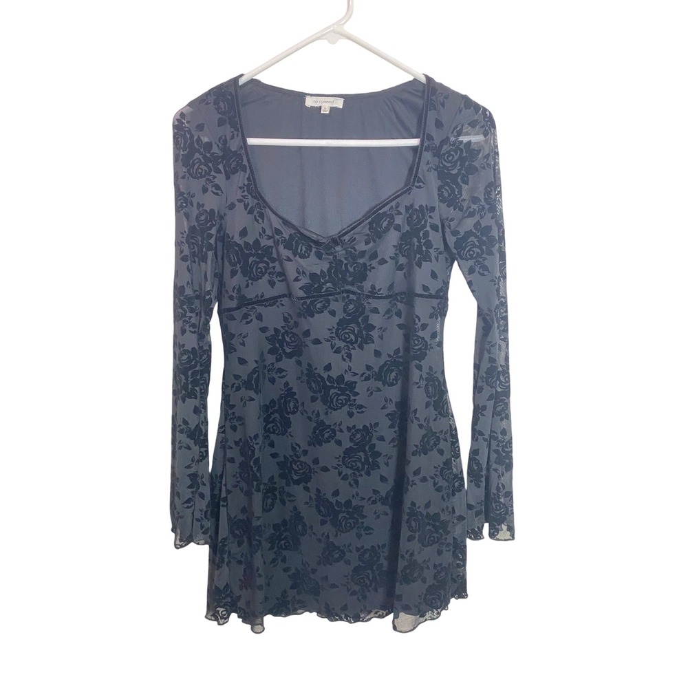 Witchy Floral Velvet Burnout Mesh Long Sleeve Mini Dress Whimsygoth Medium
